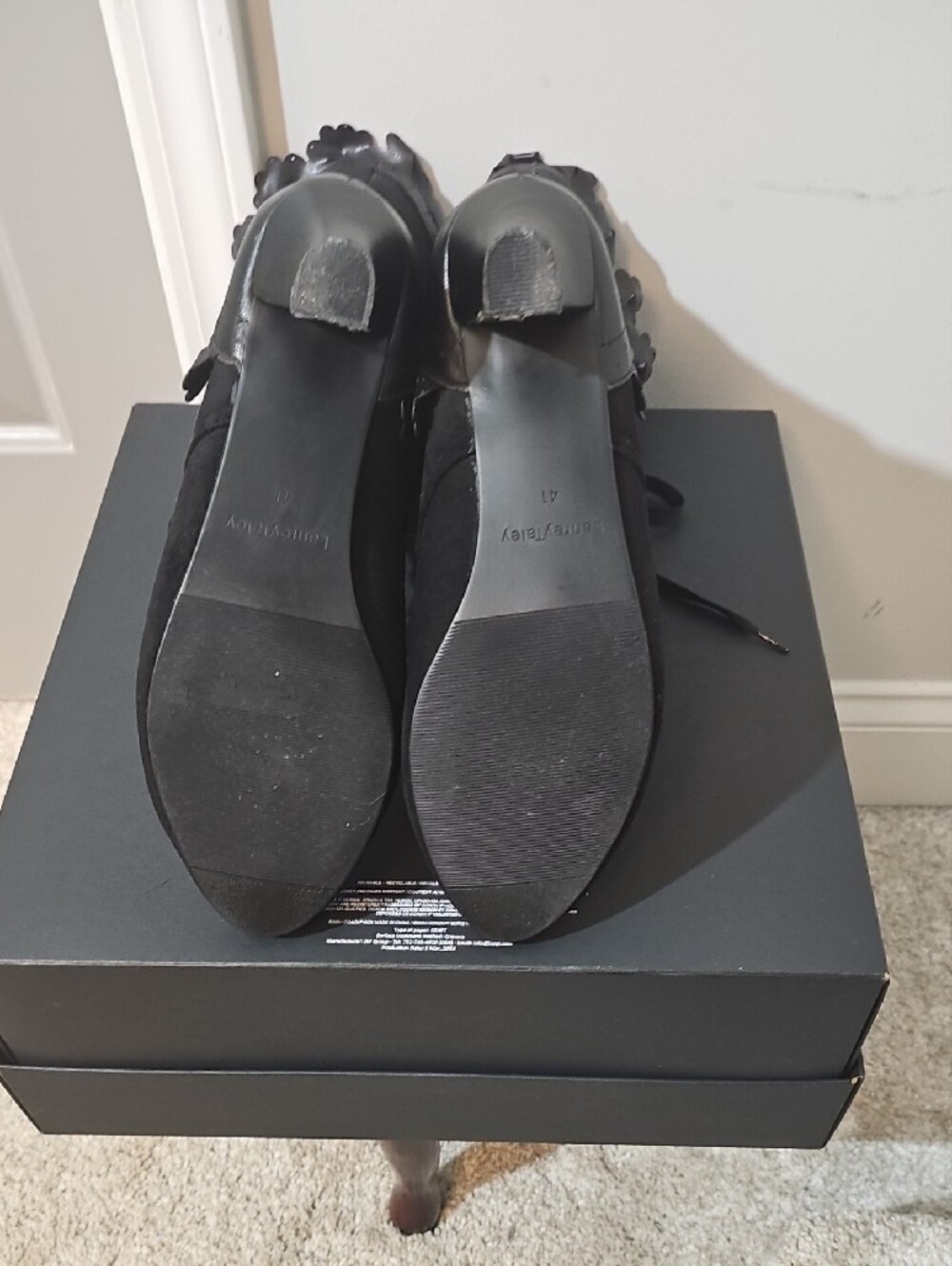 Black Lace-Trim Suede Mid-Heel Ankle Boots - Picture 5 of 8